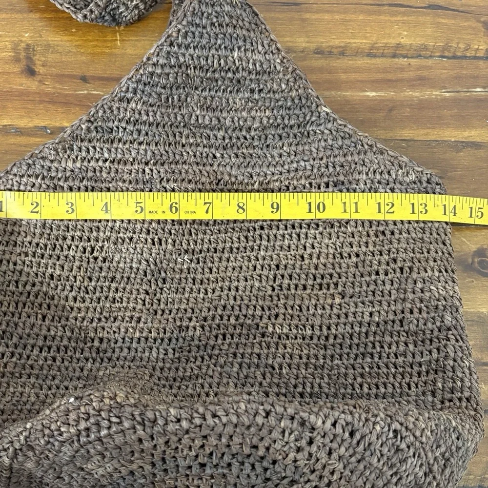 Vtg Helen Kaminski Woven Crocheted Raffia Bucket Tote Shoulder Bag Brown Large